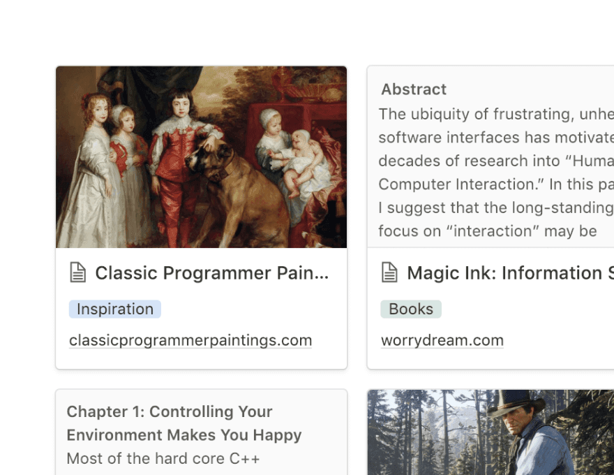 Notion 데이터베이스의 다양한 항목을 보여주는 스크린샷