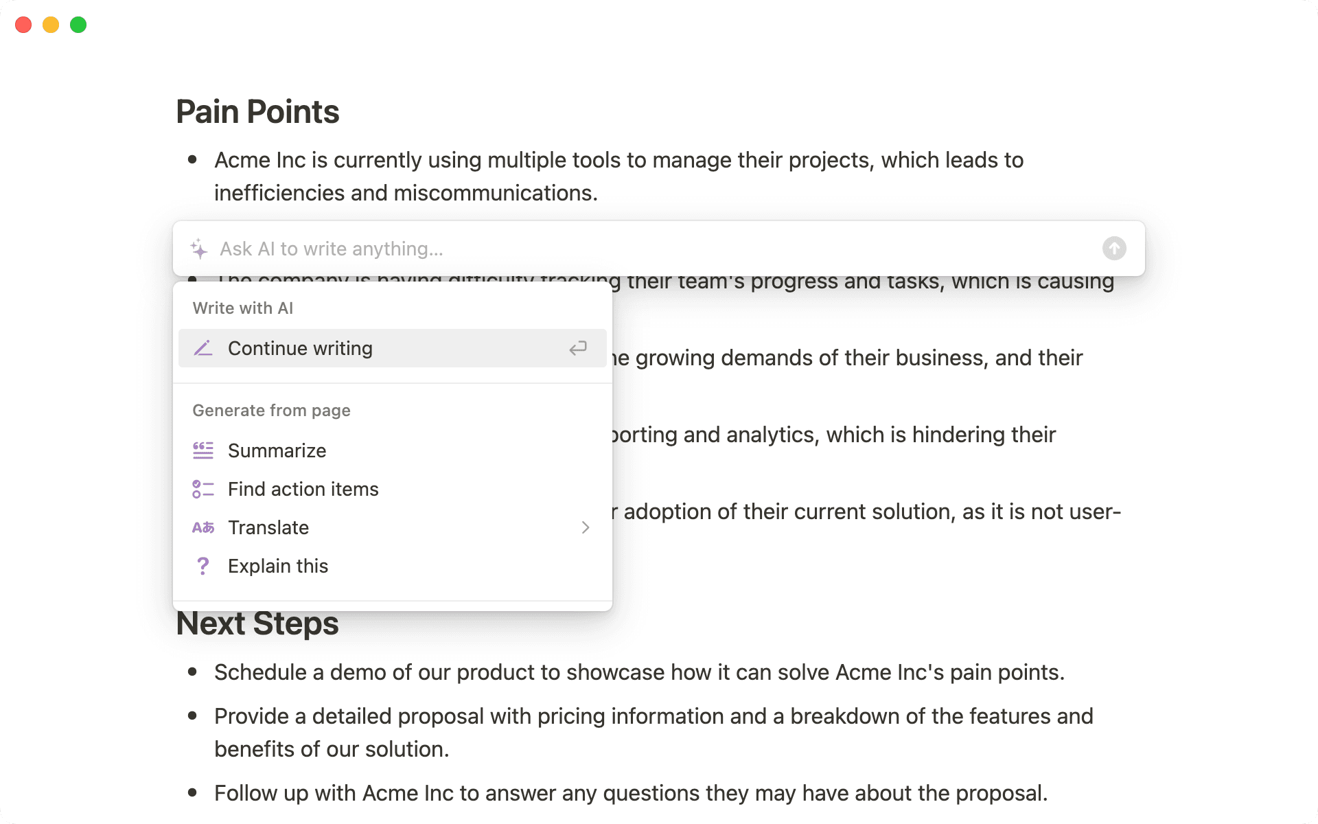 When you add a new block to a page with existing content, we prioritize tools which let AI generate more ideas or extract useful info.