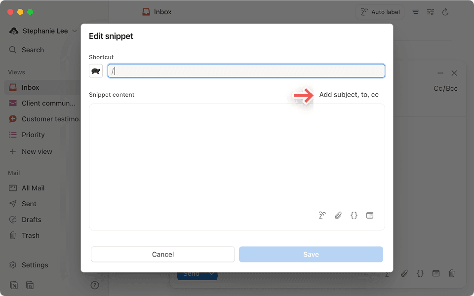Save time by creating templates with pre-filled subject lines and sender information.