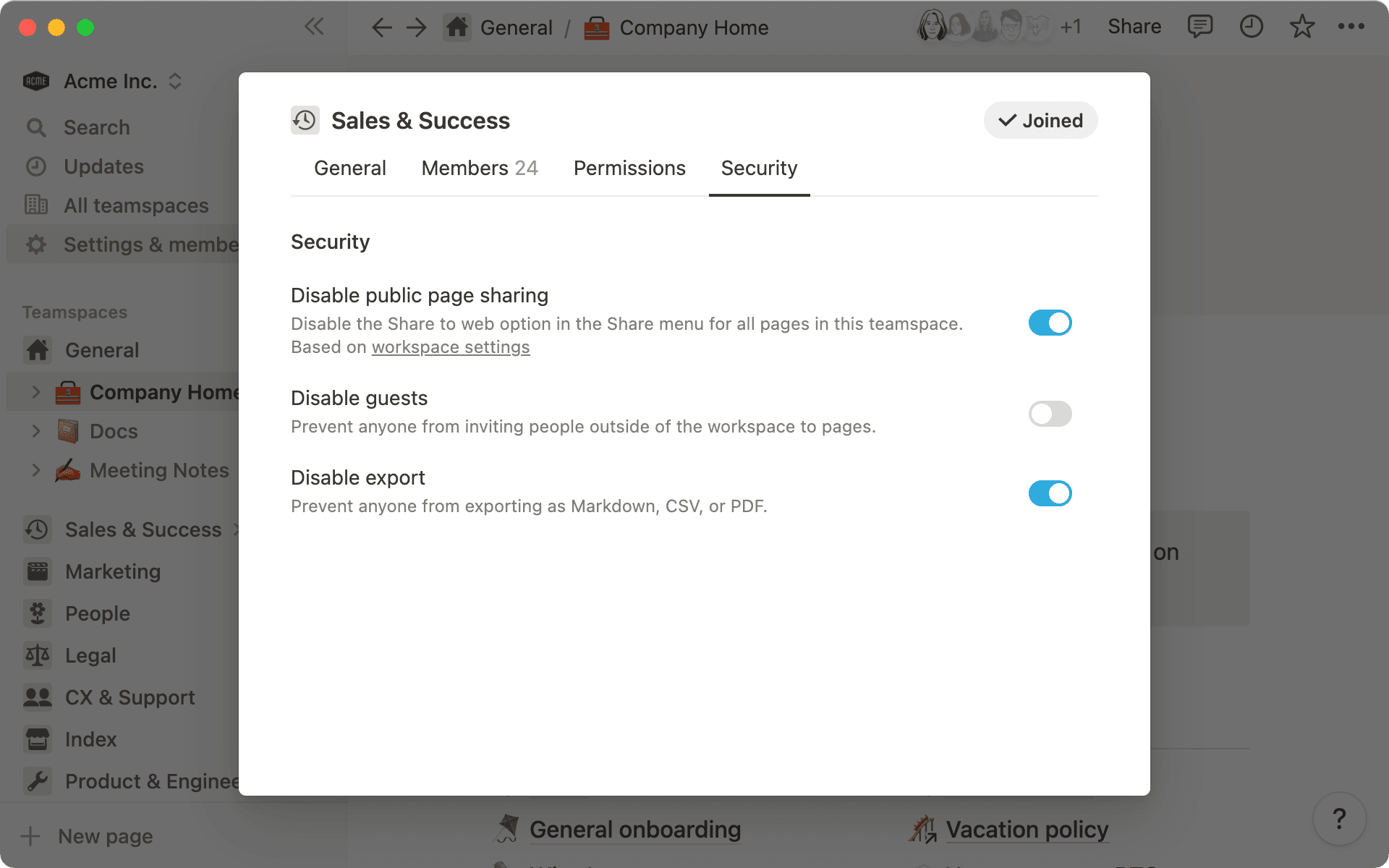 팀스페이스의 설정 일부는 워크스페이스 설정과 동일하게 적용됩니다.