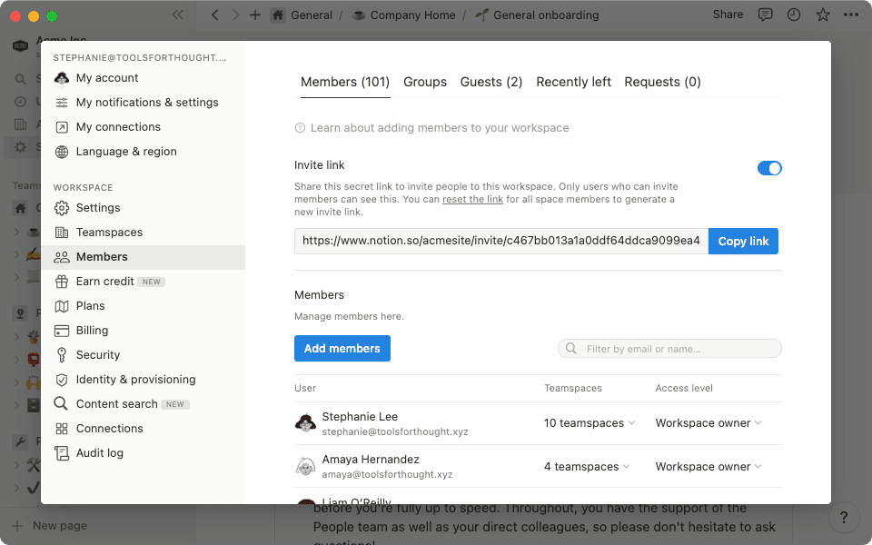 설정과 멤버 패널을 통해 워크스페이스를 더욱 세밀하게 설정하여 니즈에 맞게 Notion를 커스텀할 수 있습니다.
