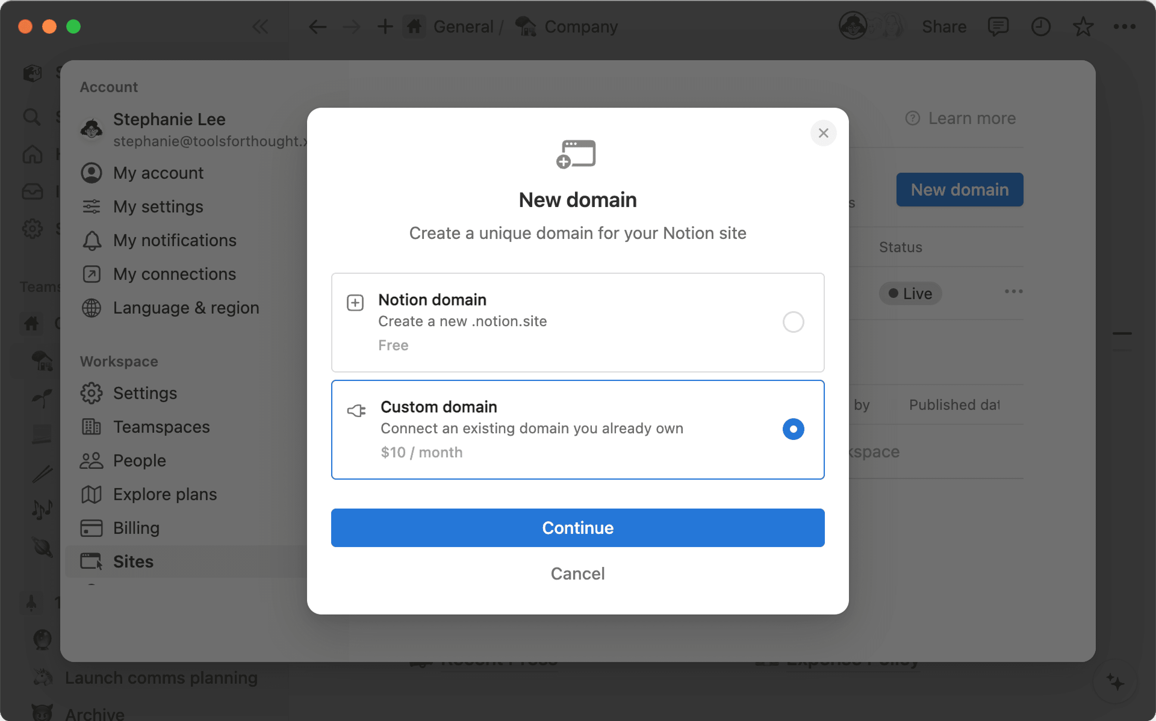 HC: 사용자 지정 도메인 연결 메인