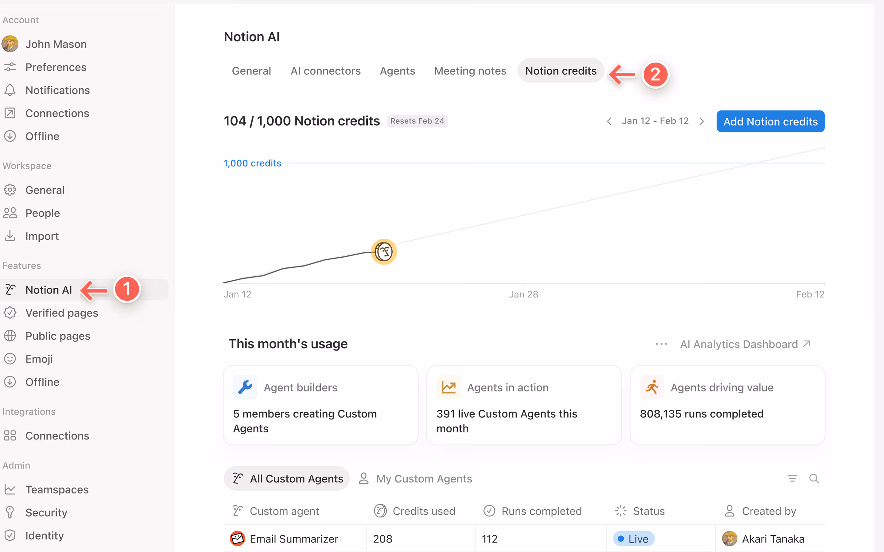 Notion 크레딧 대시보드에 접근하려면 설정 → Notion AI → Notion 크레딧으로 이동하세요.