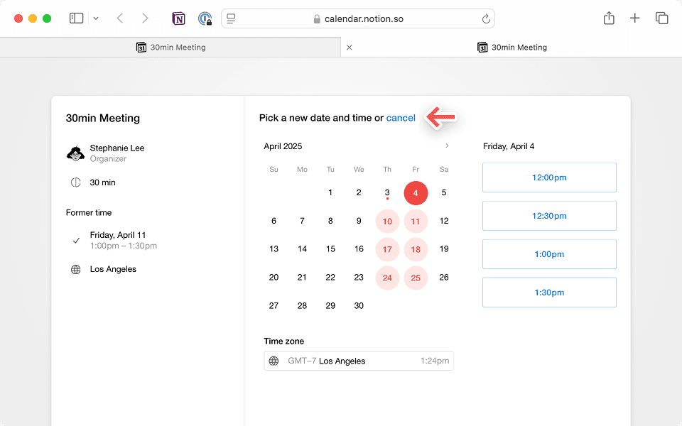 일정을 변경하거나 취소하려면 이메일의 캘린더 초대 링크를 클릭하세요.
