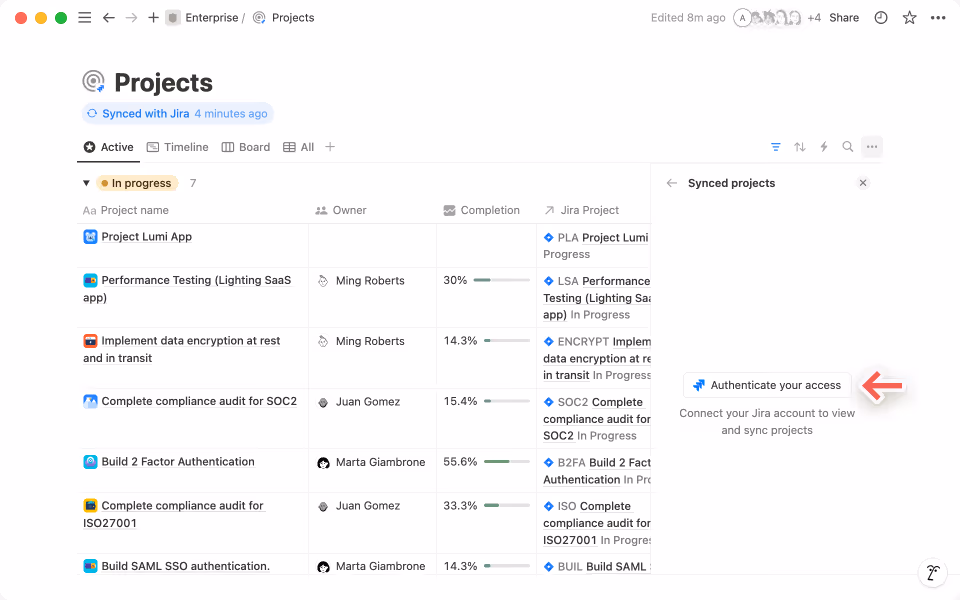 '사용 권한 인증' 을 클릭하여 본인 인증을 완료하고 Jira 프로젝트를 Notion으로 가져옵니다.