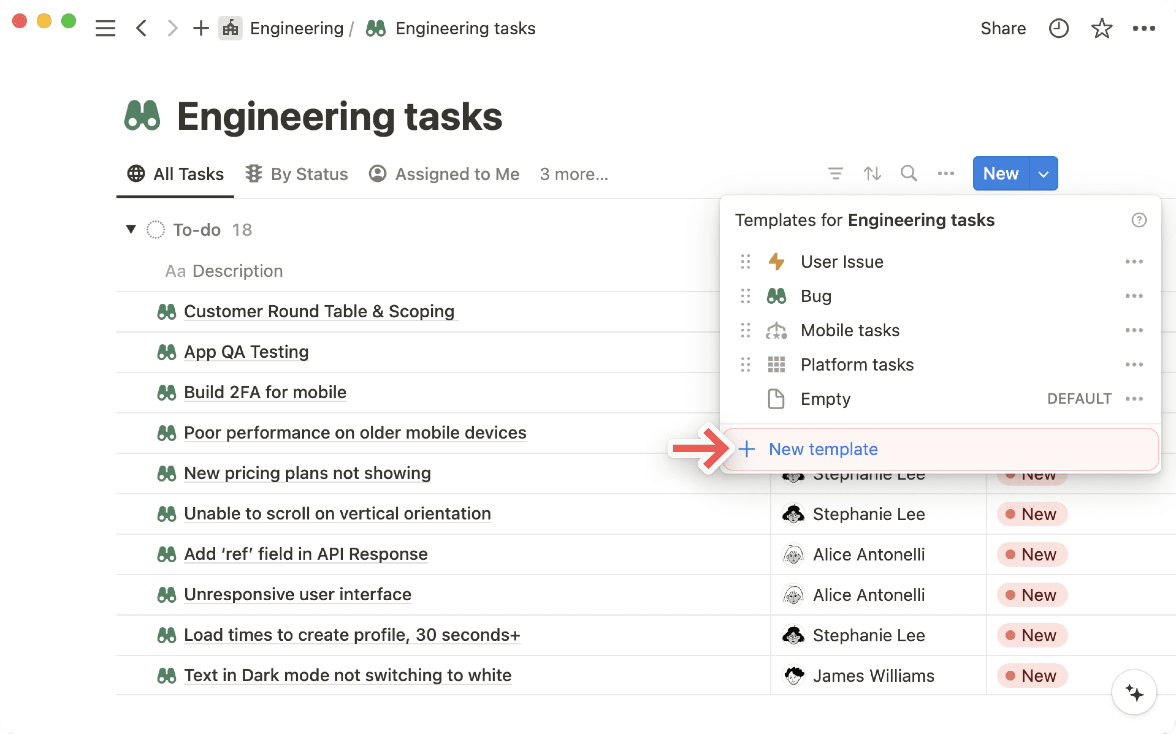 드롭다운의 새로운 데이터베이스 템플릿